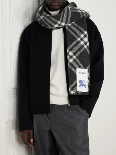Burberry Logo-Appliquéd Checked Wool Scarf - Men | Thumbnail 2 Burberry Logo-Appliquéd Checked Wool Scarf - Men | Thumbnail 2