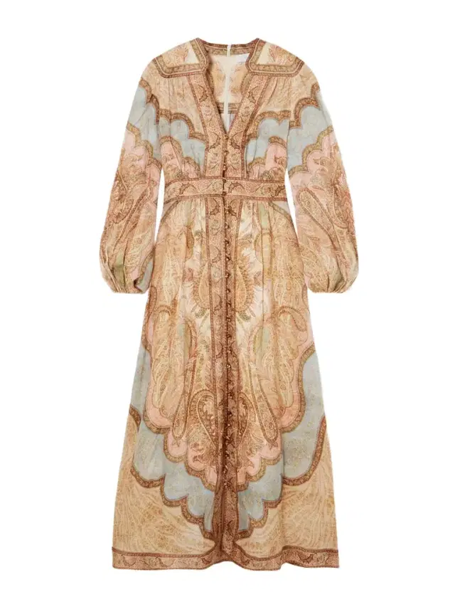 Wanderlust Gathered Printed Linen Midi Dress