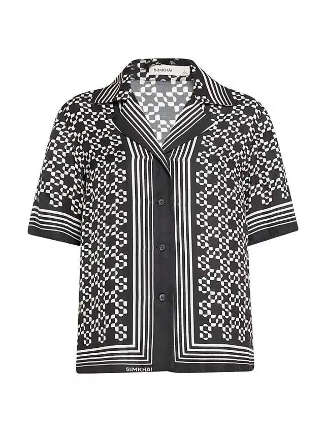 SIMKHAI Women's Koda Geometric Satin Camp Shirt - Black