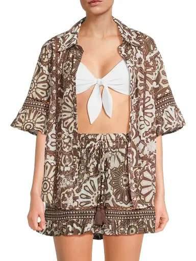 Ramy Brook Women's Violette Printed Cotton Cover-Up Shirt - Beach Brown Combo - Size Small | Thumbnail 3 Ramy Brook Women's Violette Printed Cotton Cover-Up Shirt - Beach Brown Combo - Size Small | Thumbnail 3