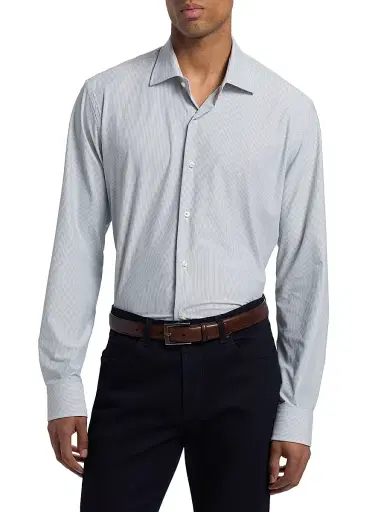 Saks Fifth Avenue Men's COLLECTION Vertical Mini-Striped Button-Front Shirt - Grey - Size 18 | Thumbnail 3