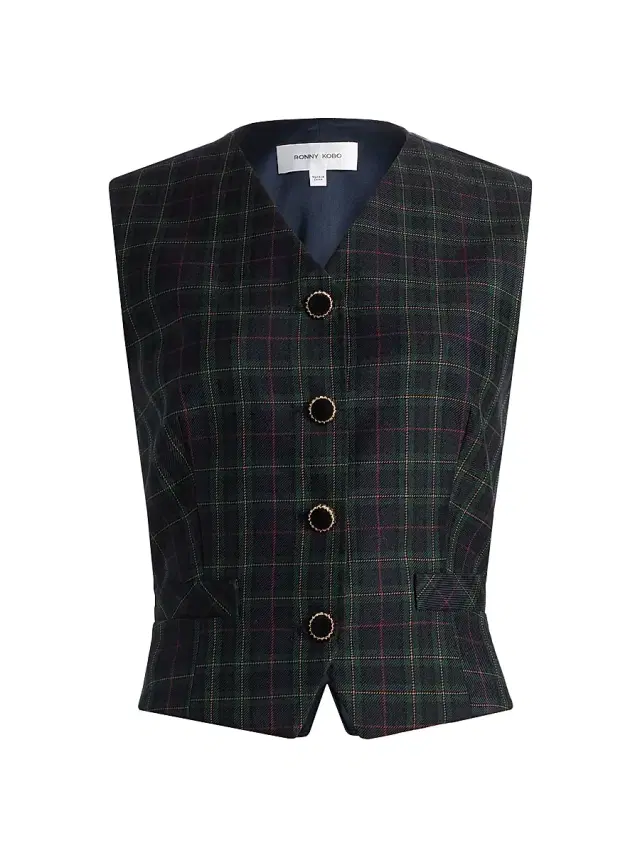 Ronny Kobo Women's Lily Plaid Vest - Navy Green Plaid