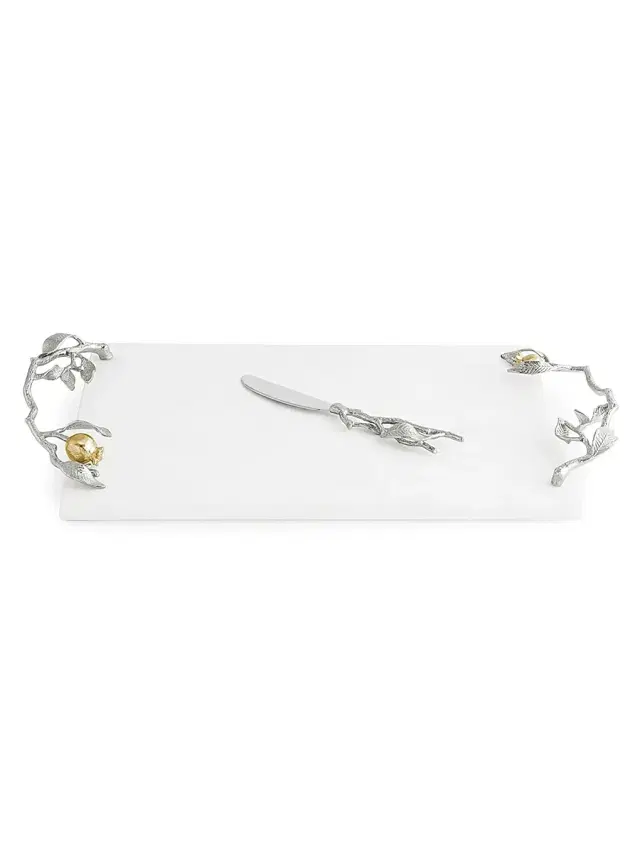 Michael Aram Pomegranate Silver & Gold Cheeseboard & Spreader - Grey White