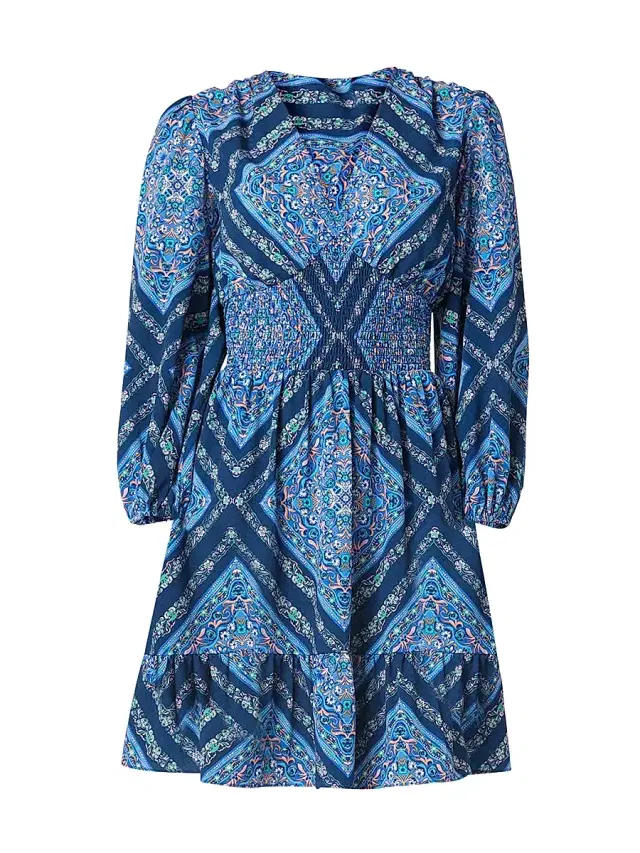 Shoshanna Women's Imogen Smocked Floral-Print Empire Minidress - Blue Pattern