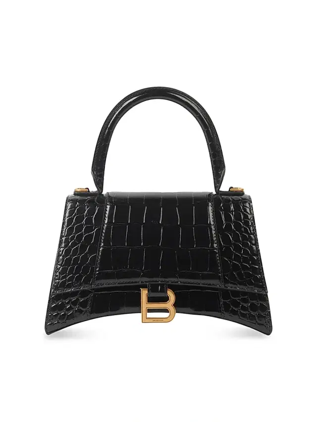 Balenciaga Women's Hourglass  Handbag Crocodile Embossed - Black