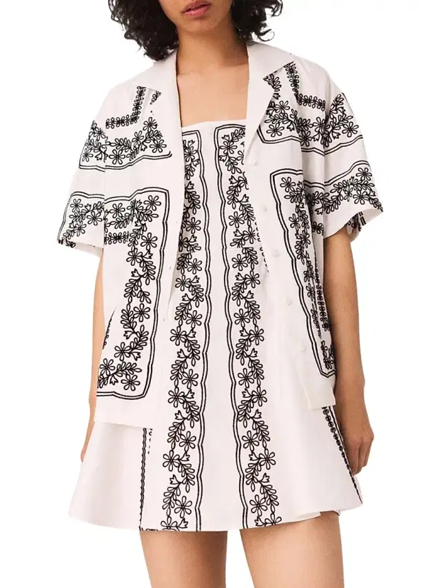 Women's Short Sleeved Embroidered Shirt - Ecru Black