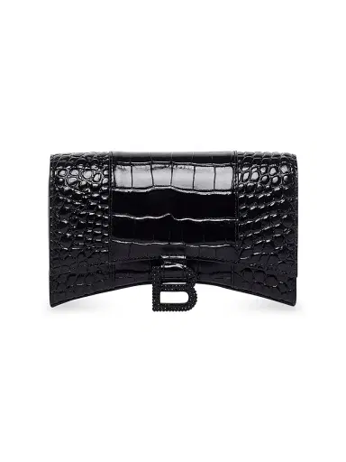 Balenciaga Women's Hourglass Wallet With Chain Crocodile Embossed With Rhinestones - Black | Thumbnail 4