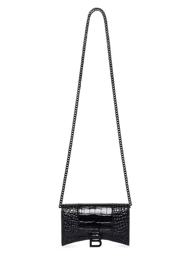 Balenciaga Women's Hourglass Wallet With Chain Crocodile Embossed With Rhinestones - Black | Thumbnail 1
