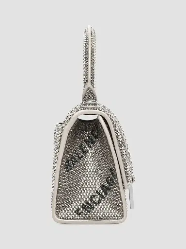 Balenciaga Women's Hourglass XS Handbag With Chain And Allover Logo Rhinestones - Silver Black | Thumbnail 2 Balenciaga Women's Hourglass XS Handbag With Chain And Allover Logo Rhinestones - Silver Black | Thumbnail 2