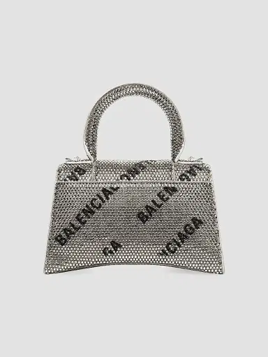 Balenciaga Women's Hourglass XS Handbag With Chain And Allover Logo Rhinestones - Silver Black | Thumbnail 3 Balenciaga Women's Hourglass XS Handbag With Chain And Allover Logo Rhinestones - Silver Black | Thumbnail 3
