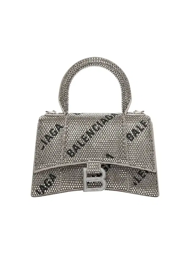 Women's Hourglass  Handbag With Chain And Allover Logo Rhinestones - Silver Black