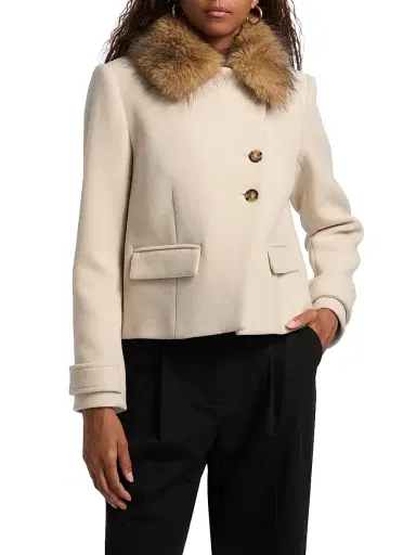 Ba&sh Women's Terry Faux Fur-Trim Boxy Coat - Ecru - Size Large | Thumbnail 3