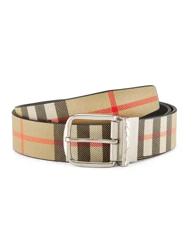 Burberry Men's Reversible Check B Buckle Belt - Black Sand Silver - Size 34 | Thumbnail 1