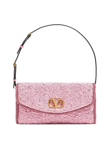 Valentino Garavani Women's Devain Small Shoulder Bag in Cloqué Jacquard Fabric - Pink | Thumbnail 1 Valentino Garavani Women's Devain Small Shoulder Bag in Cloqué Jacquard Fabric - Pink | Thumbnail 1