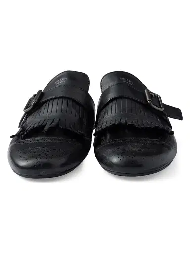 Prada Men's Shuffle Antiqued Leather Mules with Buckled Strap and Fringe - Black - Size 6 | Thumbnail 2 Prada Men's Shuffle Antiqued Leather Mules with Buckled Strap and Fringe - Black - Size 6 | Thumbnail 2