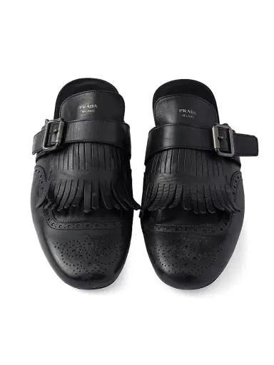 Prada Men's Shuffle Antiqued Leather Mules with Buckled Strap and Fringe - Black - Size 6 | Thumbnail 4 Prada Men's Shuffle Antiqued Leather Mules with Buckled Strap and Fringe - Black - Size 6 | Thumbnail 4