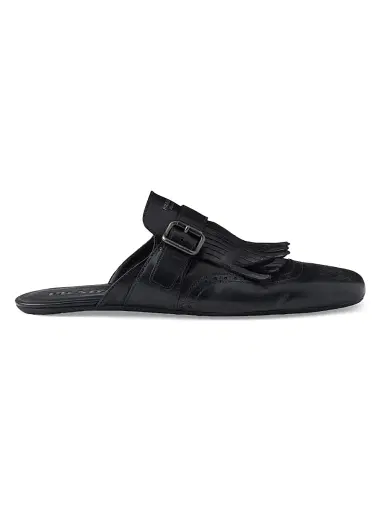 Prada Men's Shuffle Antiqued Leather Mules with Buckled Strap and Fringe - Black - Size 6 | Thumbnail 1 Prada Men's Shuffle Antiqued Leather Mules with Buckled Strap and Fringe - Black - Size 6 | Thumbnail 1
