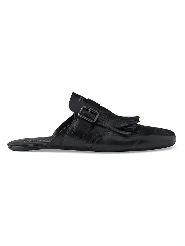 Prada Men's Shuffle Antiqued Leather Mules with Buckled Strap and Fringe - Black