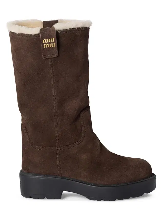 Women's Suede and Shearling Mid-Calf Boots - Brown