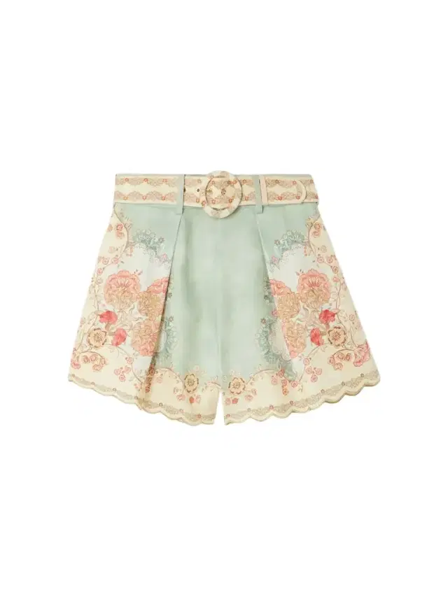 Daylight Belted Scalloped Pleated Printed Linen Shorts