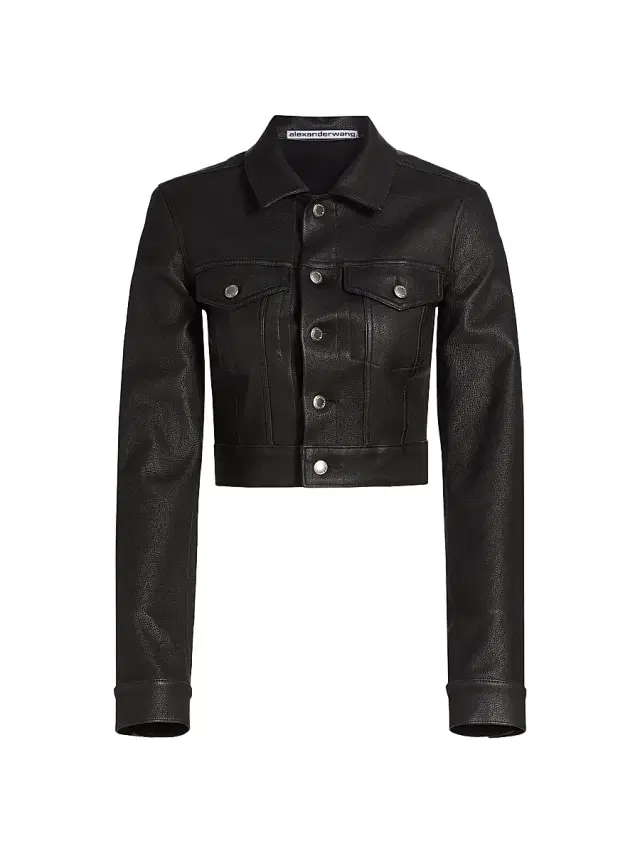 Women's Shrunken Leather Trucker Jacket - Black