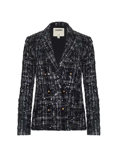 L'Agence Women's Colin Sequined Silk Tweed Double-Breasted Blazer - Black Ivory Tweed Sequin - Size 0 | Thumbnail 1 L'Agence Women's Colin Sequined Silk Tweed Double-Breasted Blazer - Black Ivory Tweed Sequin - Size 0 | Thumbnail 1