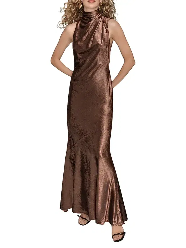 Donna Karan New York Women's Velvet Mock Turtleneck Sleeveeless Gown - Oxblood