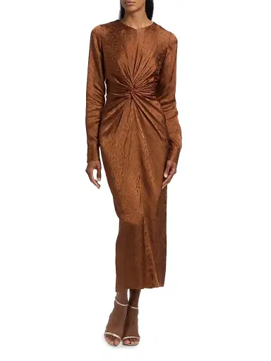 Prabal Gurung Women's Pebbled Jacquard Twist-Front Midi-Dress - Toffee | Thumbnail 3