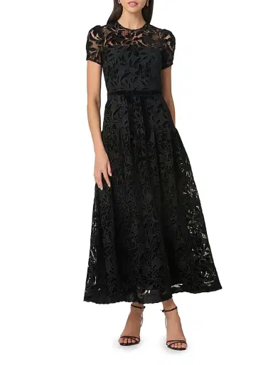 Shoshanna Women's Farah Velvet Lace Tea-Length Dress - Jet | Thumbnail 2 Shoshanna Women's Farah Velvet Lace Tea-Length Dress - Jet | Thumbnail 2