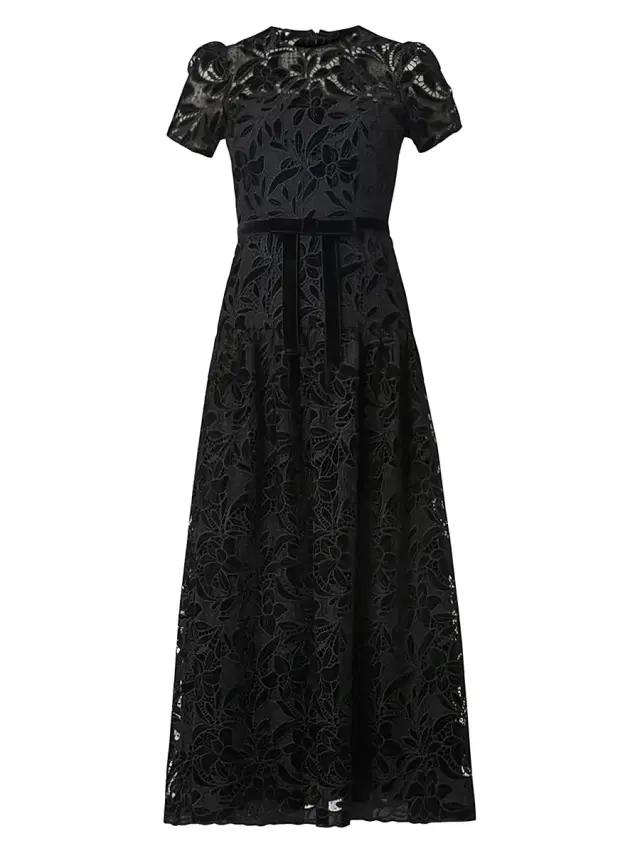 Women's Farah Velvet Lace Tea-Length Dress - Jet