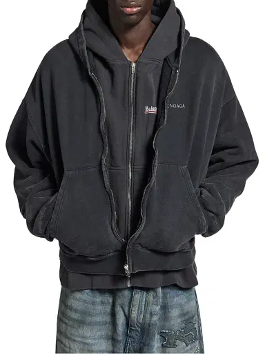 Balenciaga Men's Layered Zip-Up Hoodie - Faded Black - Size Large | Thumbnail 3