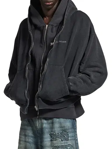 Balenciaga Men's Layered Zip-Up Hoodie - Faded Black - Size Large | Thumbnail 5