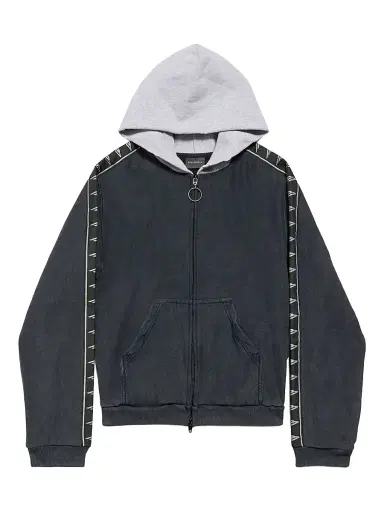 Balenciaga Men's Stripe Patched Hood Zip-Up Hoodie - Faded Black Grey - Size XL | Thumbnail 1 Balenciaga Men's Stripe Patched Hood Zip-Up Hoodie - Faded Black Grey - Size XL | Thumbnail 1
