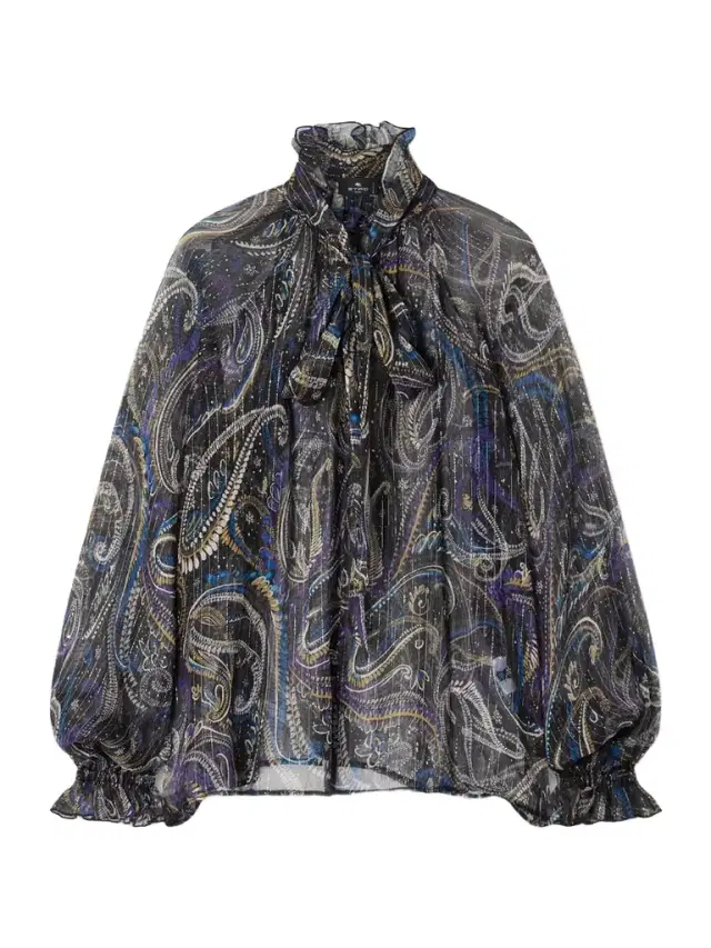 Pussy-bow Printed Metallic Silk-crepon Blouse