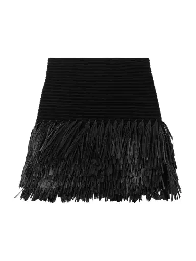 Aje Agave Fringed Raffia-trimmed Ribbed-knit Mini Skirt | Thumbnail 1 Aje Agave Fringed Raffia-trimmed Ribbed-knit Mini Skirt | Thumbnail 1