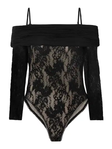Zimmermann Off-the-shoulder Ruched Jersey And Stretch-lace Bodysuit | Thumbnail 1 Zimmermann Off-the-shoulder Ruched Jersey And Stretch-lace Bodysuit | Thumbnail 1