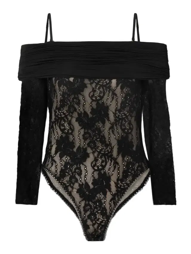 Off-the-shoulder Ruched Jersey And Stretch-lace Bodysuit