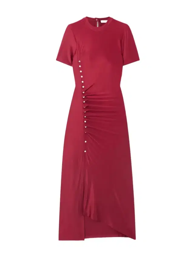 Button-detailed Gathered Jersey Midi Dress