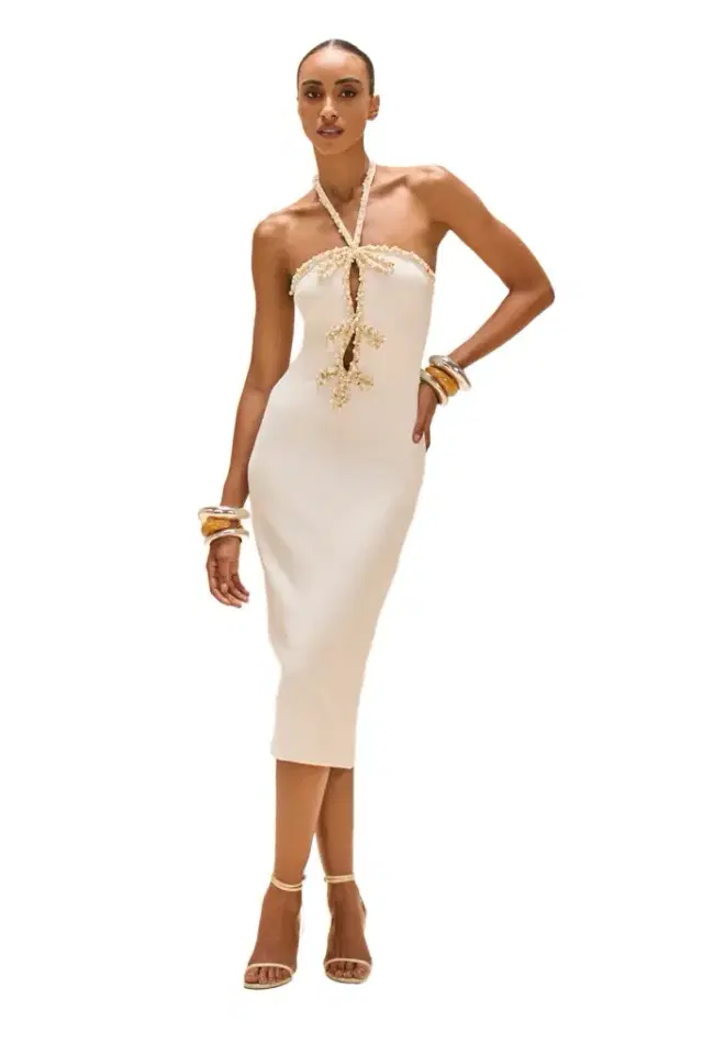 PatBo JADE KNIT EMBROIDERED HALTERNECK MIDI DRESS