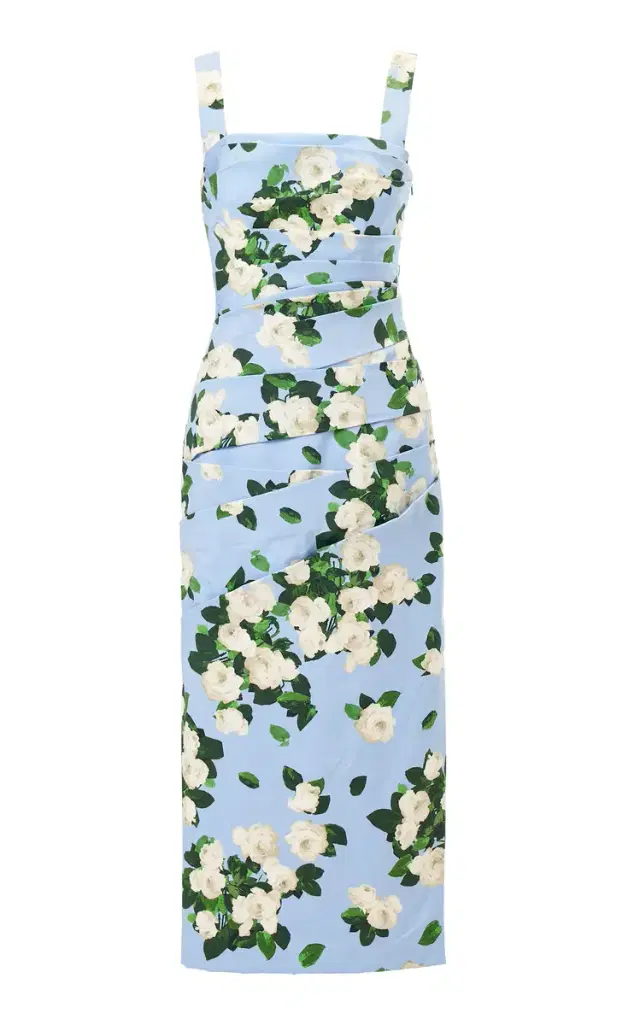 Carolina Herrera Draped Painted Rose Cotton-Blend Midi Dress