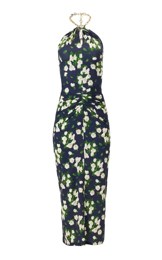 Carolina Herrera Painted Rose Jersey Halter Midi Dress