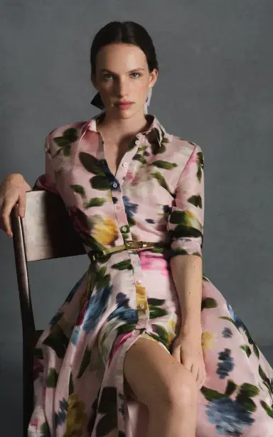 Carolina Herrera Button-Front Garden Floral Linen-Silk Trench Gown | Thumbnail 2