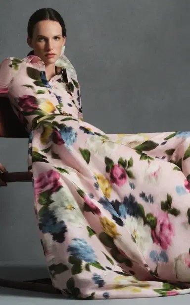 Carolina Herrera Button-Front Garden Floral Linen-Silk Trench Gown | Thumbnail 3