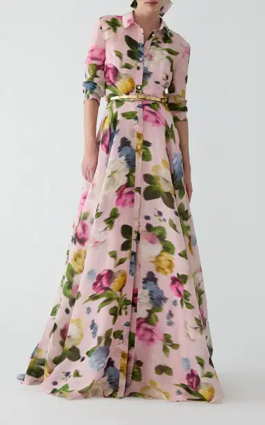 Carolina Herrera Button-Front Garden Floral Linen-Silk Trench Gown | Thumbnail 4