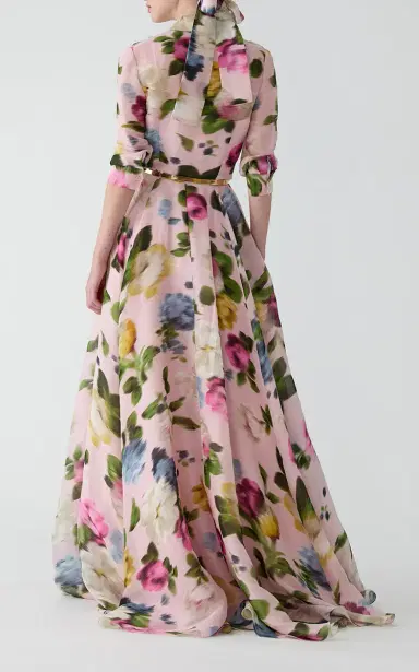 Carolina Herrera Button-Front Garden Floral Linen-Silk Trench Gown | Thumbnail 5