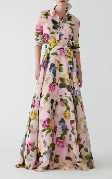 Carolina Herrera Button-Front Garden Floral Linen-Silk Trench Gown | Thumbnail 6