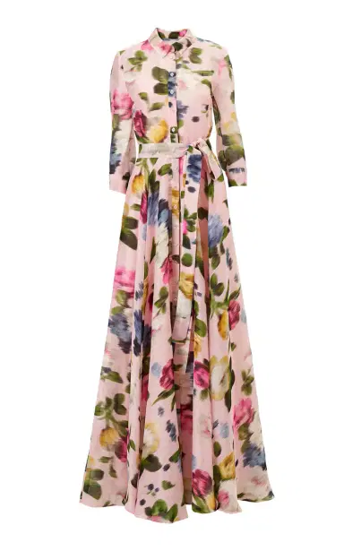 Carolina Herrera Button-Front Garden Floral Linen-Silk Trench Gown | Thumbnail 7