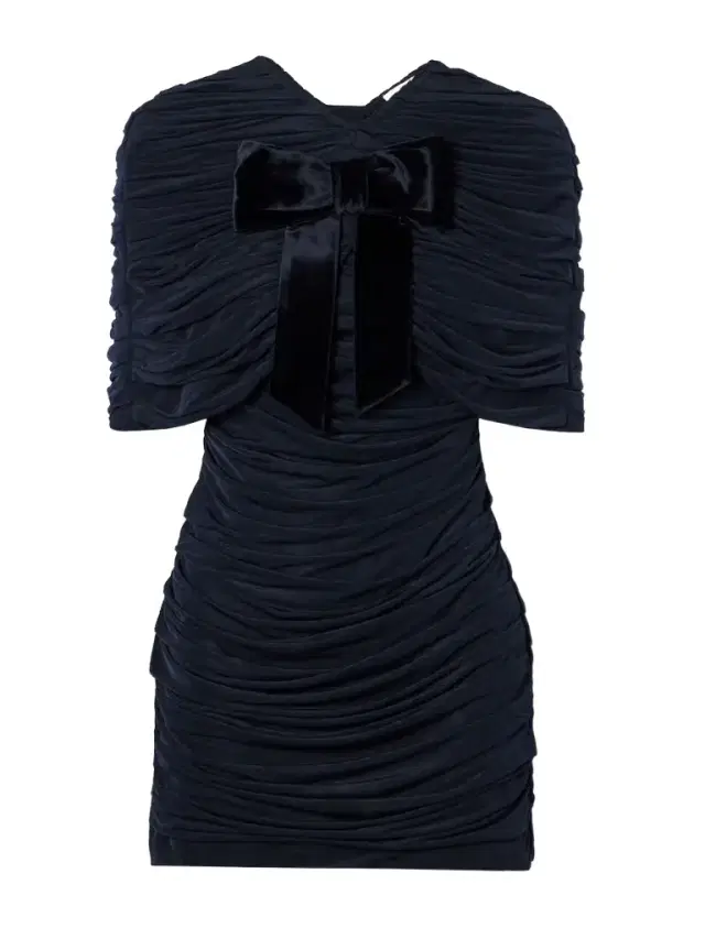 Bow-embellished Velvet-trimmed Gathered Jersey Mini Dress