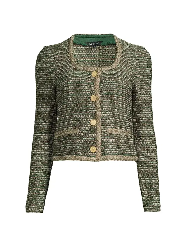 Misook Women's Heritage Braided Trim Tweed Knit Jacket - Dark Ivy Multi