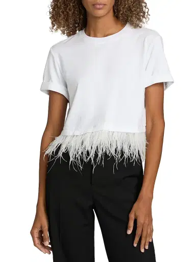 Cinq à Sept Women's Feather-Trim Stretch-Cotton Crop T-Shirt - White - Size XL | Thumbnail 3 Cinq à Sept Women's Feather-Trim Stretch-Cotton Crop T-Shirt - White - Size XL | Thumbnail 3